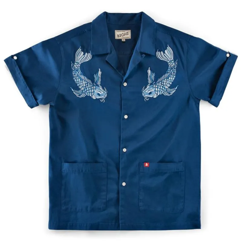 &SONS Club Shirt Koi Carp Embroidered Blue Cheap