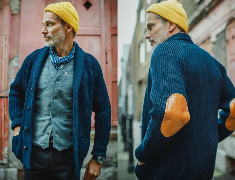 &SONS Pioneer British Wool Cardigan Navy Clearance