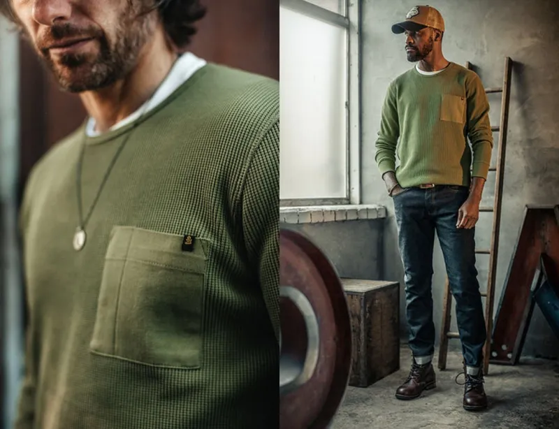 &SONS Glen Pocket Waffle Crew Surplus Green Sale