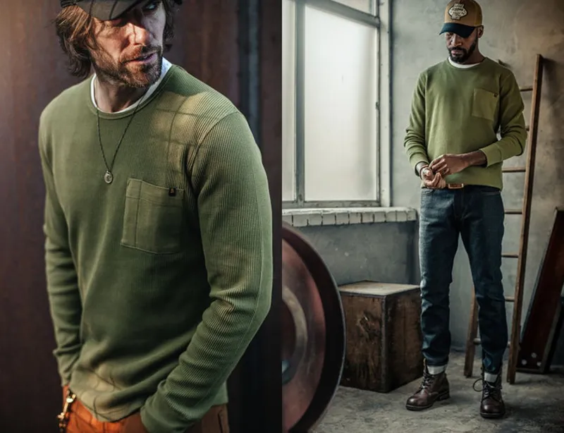 &SONS Glen Pocket Waffle Crew Surplus Green Sale