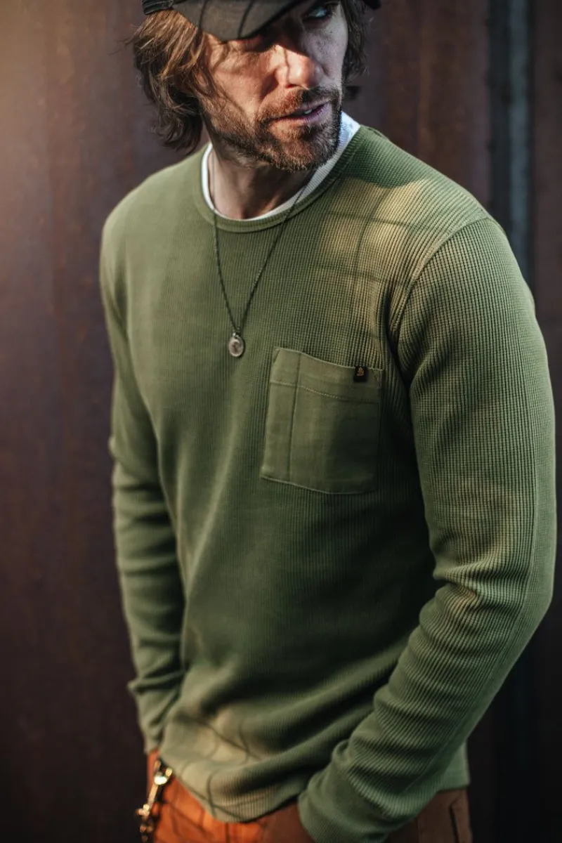 &SONS Glen Pocket Waffle Crew Surplus Green Sale