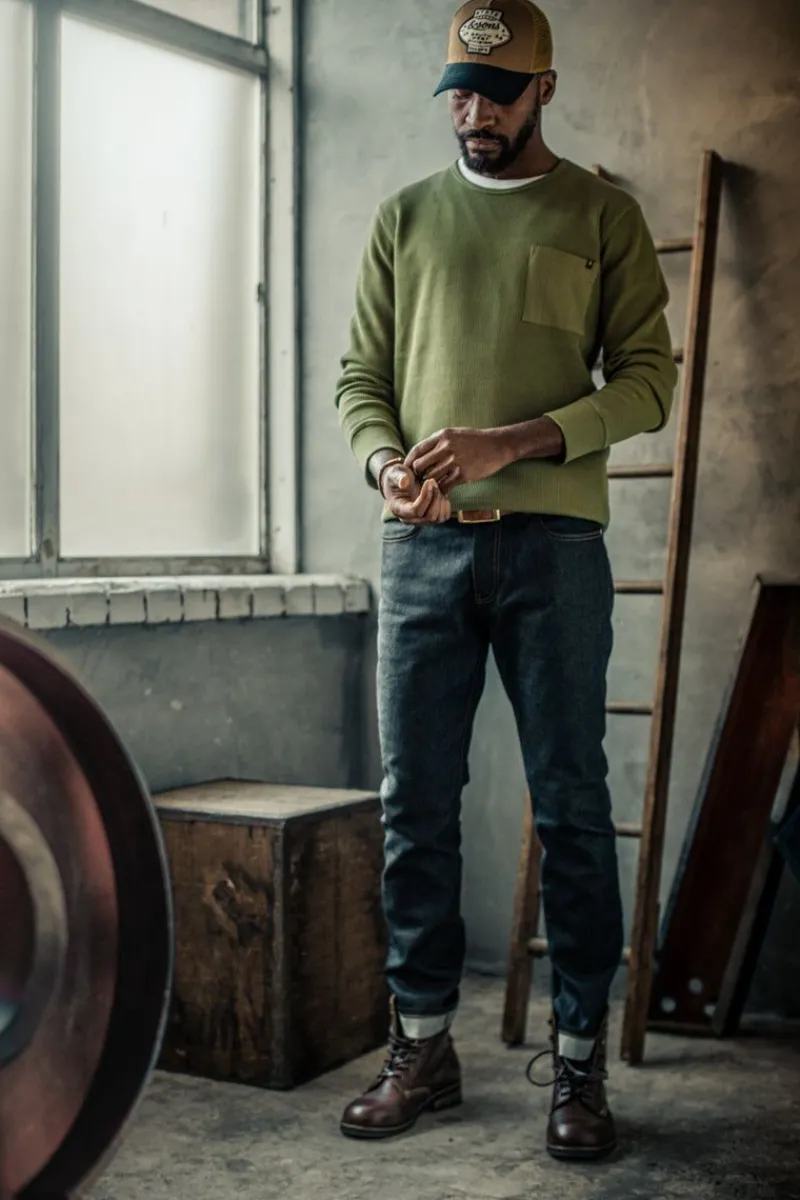 &SONS Glen Pocket Waffle Crew Surplus Green Sale