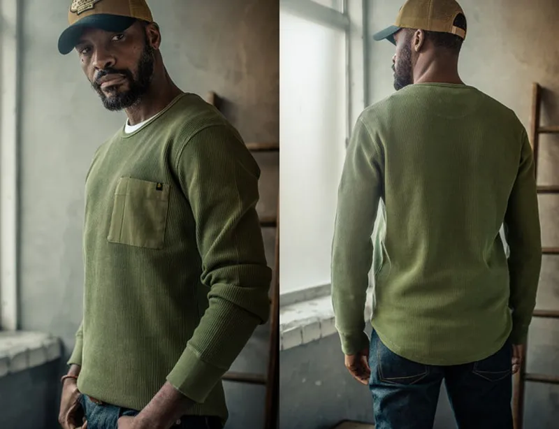 &SONS Glen Pocket Waffle Crew Surplus Green Sale
