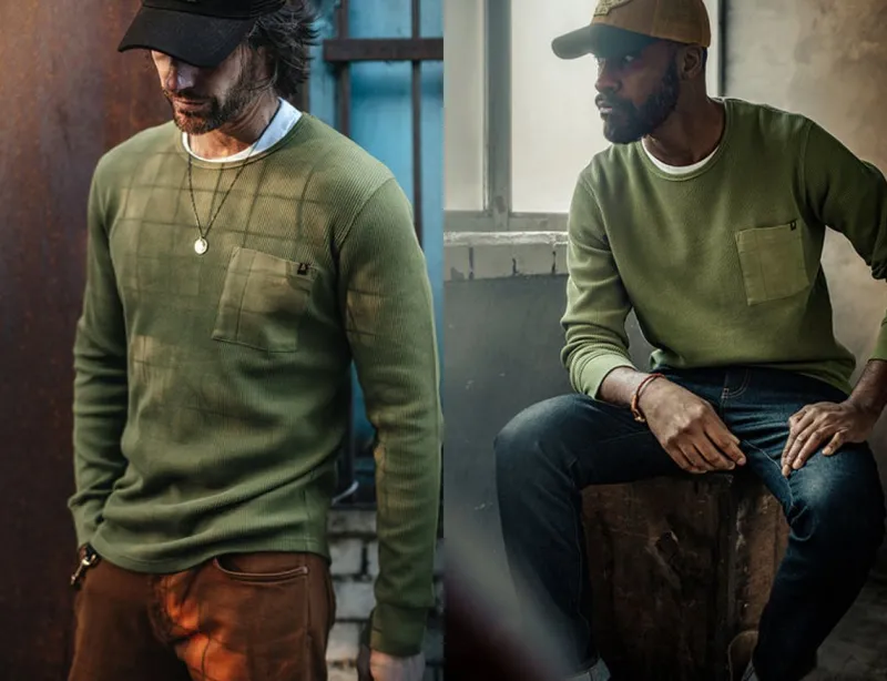 &SONS Glen Pocket Waffle Crew Surplus Green Sale