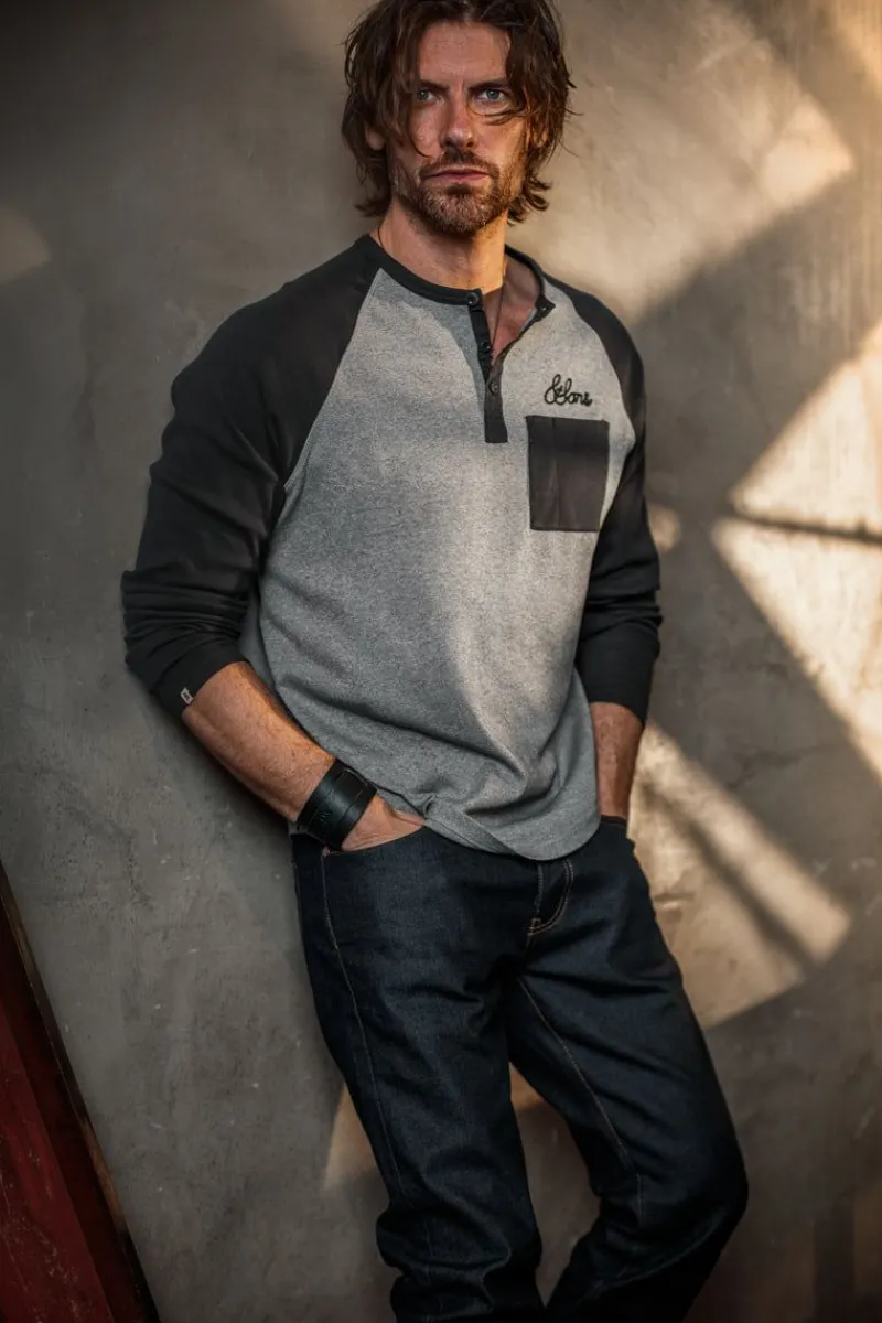 &SONS Infield Raglan Henley Shirt Grey/Charcoal Store