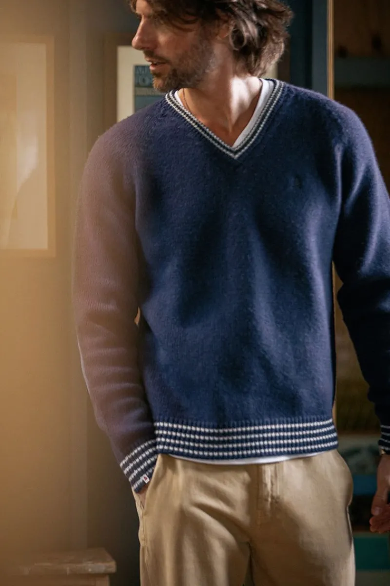 &SONS Old School V-Neck Jumper Navy Clearance