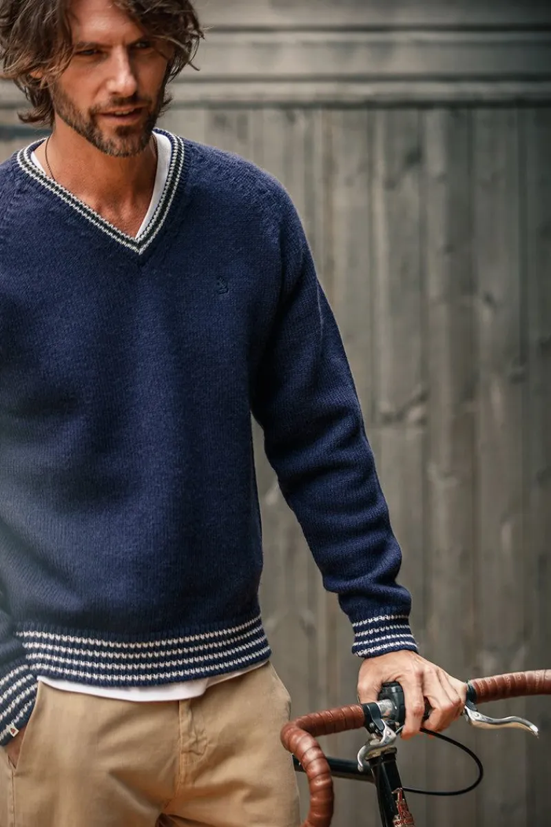 &SONS Old School V-Neck Jumper Navy Clearance