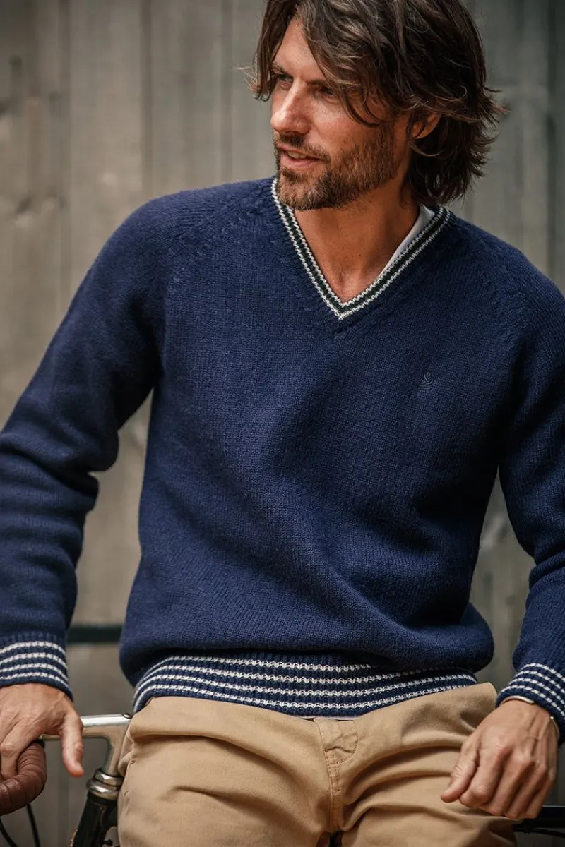 &SONS Old School V-Neck Jumper Navy Clearance