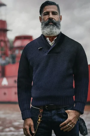 &SONS Port Shawl Collar Jumper Navy Flash Sale
