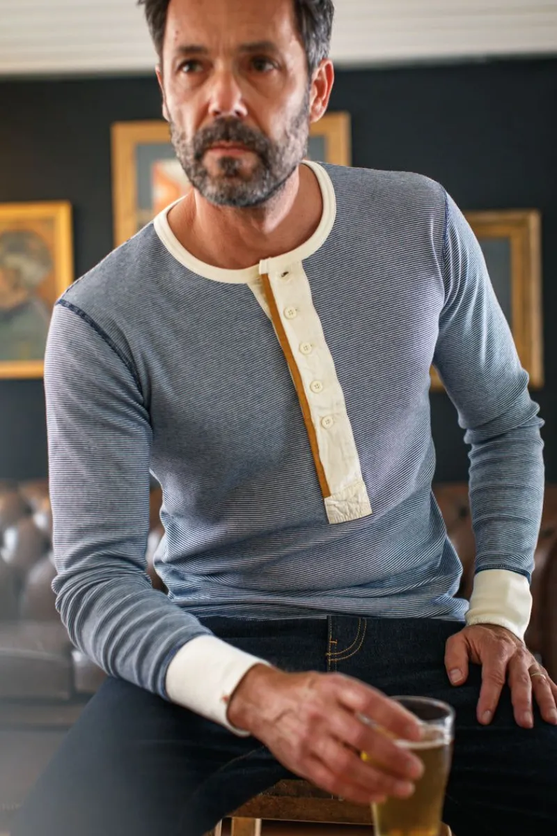 &SONS Wilder Henley Ticking Blue Clearance