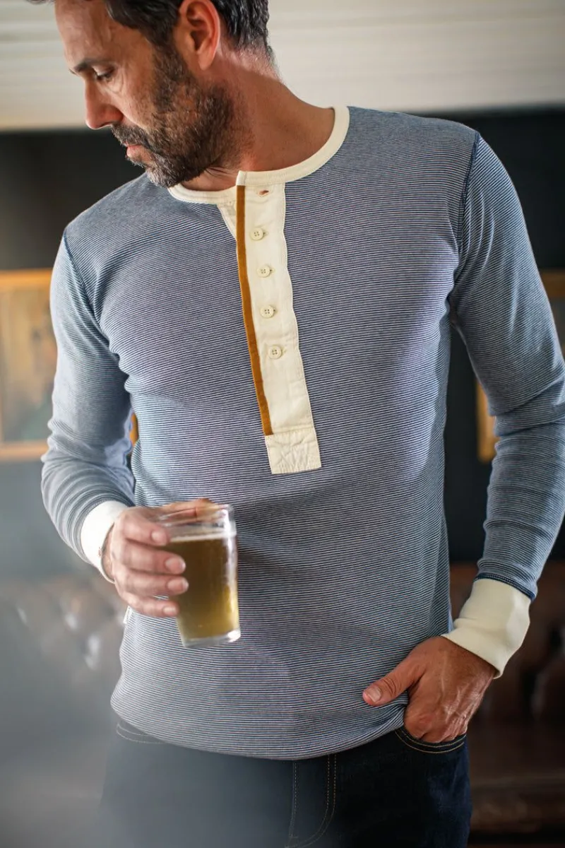 &SONS Wilder Henley Ticking Blue Clearance