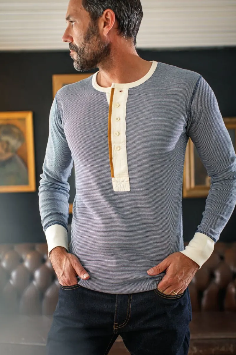 &SONS Wilder Henley Ticking Blue Clearance