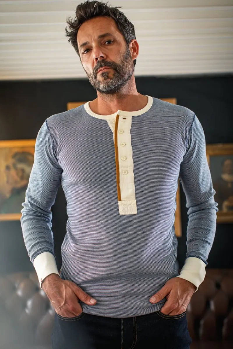 &SONS Wilder Henley Ticking Blue Clearance