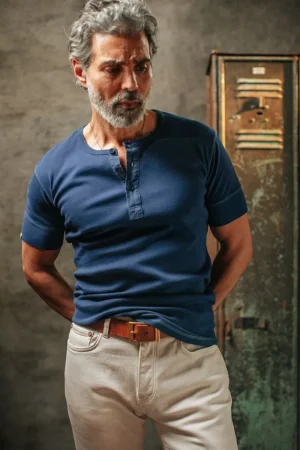 &SONS The New Elder Henley Short Sleeve Shirt Indigo Outlet