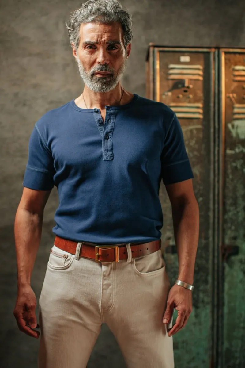 &SONS The New Elder Henley Short Sleeve Shirt Indigo Outlet